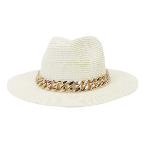 Color: Ivory, Size: M - Fashion Gold Chain Belt Panama Straw Hats For Women Summer Breathable Beach F640-12000026716467909