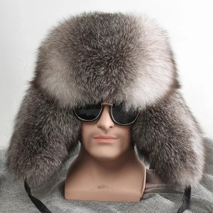 Color: black, Hat Size: 55 - 2025 Winter 100% Real Silver Fox Fur Bomber Hat Raccoon Fur Ushanka Ca F640-12000049907621624