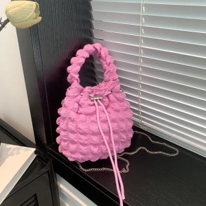 Color: Beige - Pearl puff fashion pop bucket bag pleated lines dopamine color youth smell girlishne F640-12000038391256865