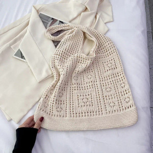 Color: black - Simple Crochet Tote Bags Fashion Hollow Knitted Women's Bags Casual Female Shoulder  F640-12000040556394349