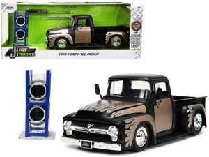 1956 Ford F-100 Pickup Truck Matt Black and Champagne with Flames with Extra Wheels "Just Trucks" S F977-34026