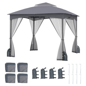 10 X 10 FT Heavy-Duty Patio Gazebo with Netting Walls and 4 Sandbags-Gray - Color: Gray D681-NP12543GR
