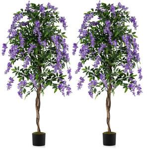 Set of 2 Fake Ficus Plant 6 FT Artificial Wisteria Tree with Natural Trunks and Purple Lifelike Flo D681-HZ10279PU-2