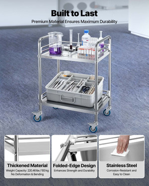 Stainless Steel Cart, 2-Tier Rolling Lab Utility Cart with Lockable Wheels, Medical Serving Trolley E415-SYSTCFPSS4LB1HGXA001V0