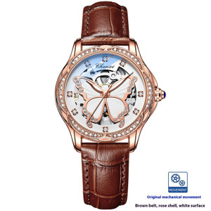 Color: Brown - Butterfly Dial Fashion Diamond-embedded Watch Women's Waterproof Automatic Mechanica Q119-CJJX247326405EV