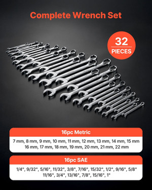 Combination Wrench Set, 32-Piece SAE and Metric, 12-Point Box End and 15?° Angled Open End Combinat E415-ZXBSTZGDS32PGEH4G001V0