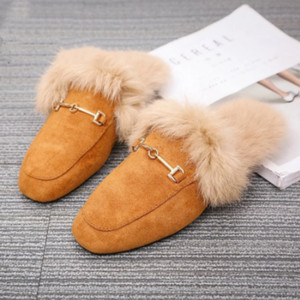 Rabbit Fur Suede Semi Leather Ball Flat Bottom Velvet Slippers Q119-CJNS2701554