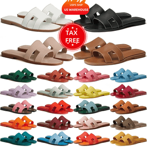 Color: Grey - Size: Us 4.5=eur 35 - With Box Designer Slippers Slides Classic Flat Leather Slipper  Y829-1287955047753490444