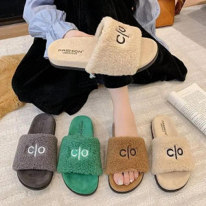 Color: GRAY - Size: A35 - Slippers Women's Plush Slip-On Flat Bottom Letter Cotton Indoor Outdoor W Y829-1456822288063078470