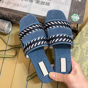 Color: Blue - Size: US6 - Blue Denim Embroidery Flat Slippers Designer Sliders Women Classic Letter Y829-1234284502759751683