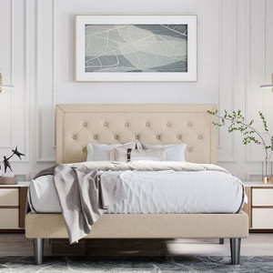 Full Size Adjustable Height Platform Bed Frame with Beige Upholstered Headboard Q280-FUBE1959