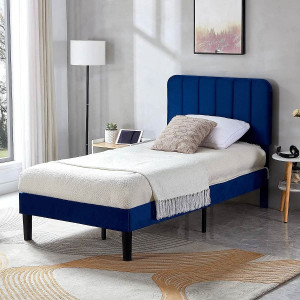 Twin size Blue Upholstered Platform Bed Frame with Headboard Q280-TWBLPBHD13982715