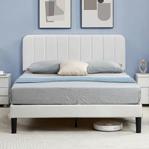 Queen size White Upholstered Platform Bed Frame with Headboard Q280-QNWTPBFHD15928634