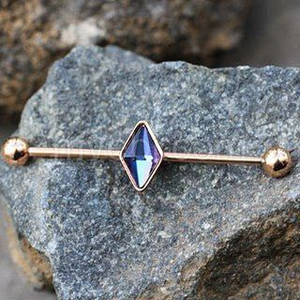 Rose Gold Plated Rhombus Shape CZ Industrial Barbell T575-S0671357028