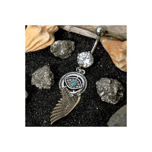 Gemmed Steampunk All Seeing Eye Navel Ring w/ Mechanical Wing Dangle Belly Ring T575-S0671357246