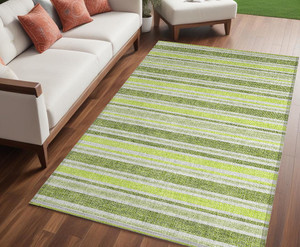 5' X 8' Green and Yellow Striped Washable Non Skid Indoor Outdoor Area Rug N270-561153