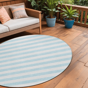 8' Round Sky Blue Round Striped Washable Non Skid Indoor Outdoor Area Rug N270-560947