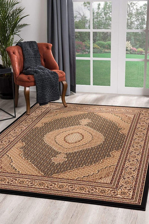 5' X 8' Beige and Black Medallion Power Loom Area Rug N270-395348