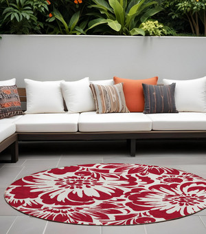 8' Round Burgundy and White Round Floral Washable Non Skid Indoor Outdoor Area Rug N270-562430