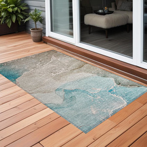 2' X 3' Teal Abstract Washable Non Skid Indoor Outdoor Area Rug N270-560274