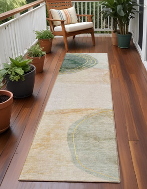 8' Runner Beige and Green Abstract Washable Non Skid Indoor Outdoor Runner Rug N270-562138