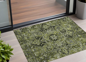 3' X 5' Olive Green and Dark Green Oriental Washable Non Skid Indoor Outdoor Area Rug N270-563775