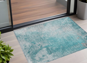 3' X 5' Teal Abstract Washable Non Skid Indoor Outdoor Area Rug N270-563316