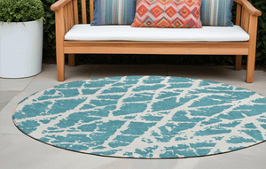 8' Round Teal Round Abstract Washable Non Skid Indoor Outdoor Area Rug N270-559330