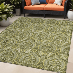 5' X 8' Green Damask Washable Non Skid Indoor Outdoor Area Rug N270-563884