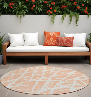 8' Round Peach and Ivory Round Abstract Washable Non Skid Indoor Outdoor Area Rug N270-559294