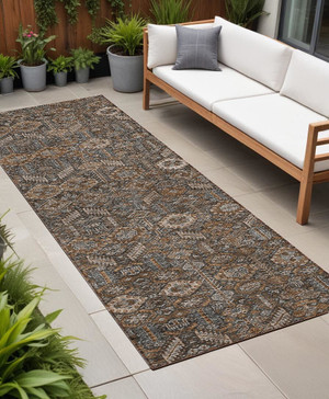8' Runner Chocolate Floral Washable Non Skid Indoor Outdoor Runner Rug N270-564312