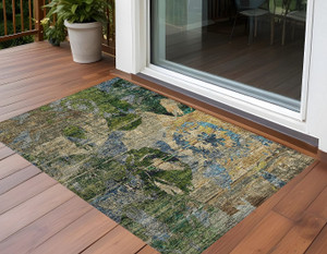 2' X 3' Taupe Blue and Green Floral Washable Non Skid Indoor Outdoor Area Rug N270-562785
