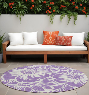 8' X 8' Purple and Ivory Round Floral Washable Non Skid Indoor Outdoor Area Rug N270-562520
