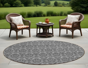 8' Round Gray Round Damask Washable Non Skid Indoor Outdoor Area Rug N270-563876