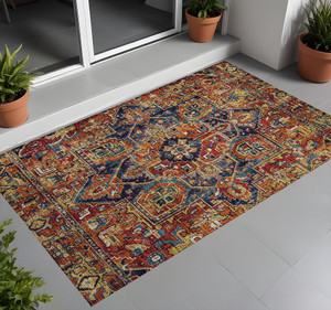 3' X 5' Red Orange and Blue Oriental Washable Non Skid Indoor Outdoor Area Rug N270-563784