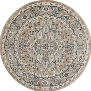 5' X 5' Beige And Grey Round Oriental Power Loom Non Skid Area Rug N270-480250