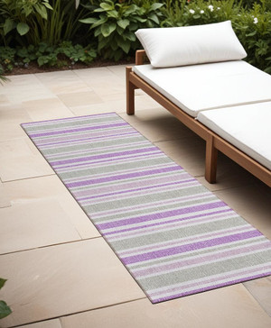 2' X 8' Purple Gray and White Striped Washable Non Skid Indoor Outdoor Area Rug N270-561240