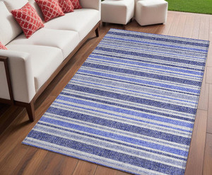 5' X 8' Blue Striped Washable Non Skid Indoor Outdoor Area Rug N270-561135