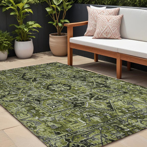 8' X 10' Olive Green and Dark Green Oriental Washable Non Skid Indoor Outdoor Area Rug N270-563778