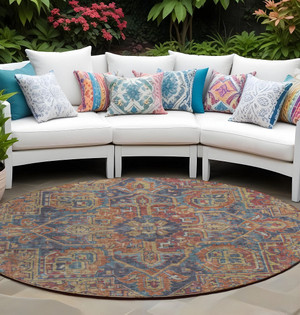 8' Round Red Orange and Blue Round Oriental Washable Non Skid Indoor Outdoor Area Rug N270-563840
