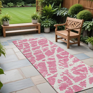 8' Runner Pink and Ivory Abstract Washable Non Skid Indoor Outdoor Runner Rug N270-559299
