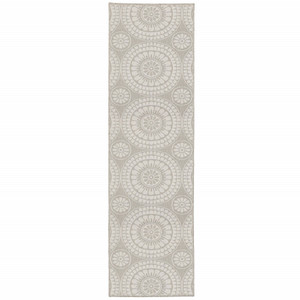 2' X 7' Gray and Ivory Geometric Stain Resistant Indoor Outdoor Area Rug N270-507769