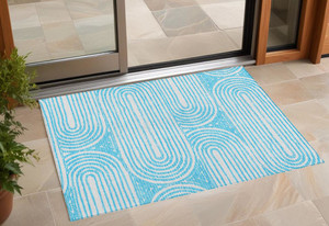 3' X 5' Teal Abstract Washable Non Skid Indoor Outdoor Area Rug N270-561870