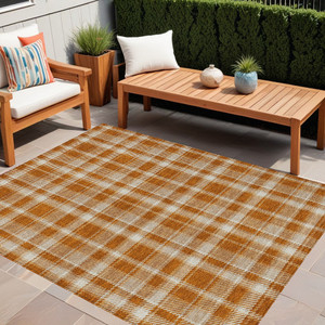 5' X 8' Orange and Ivory Plaid Washable Non Skid Indoor Outdoor Area Rug N270-563380