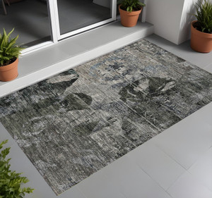 2' X 3' Gray Dark Green and Black Floral Washable Non Skid Indoor Outdoor Area Rug N270-562749