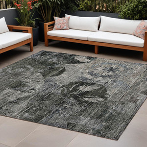 8' X 10' Gray Dark Green and Black Floral Washable Non Skid Indoor Outdoor Area Rug N270-562755