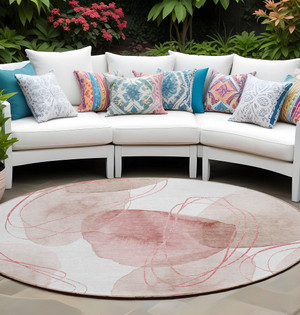 8' Round Merlot and Ivory Round Abstract Washable Non Skid Indoor Outdoor Area Rug N270-562124