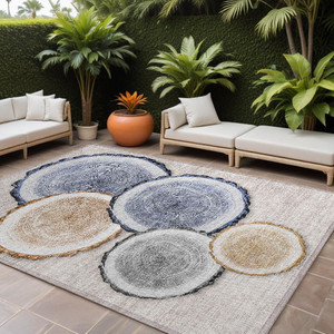 8' X 10' Beige Blue and Gold Faux Bois Washable Non Skid Indoor Outdoor Area Rug N270-564398