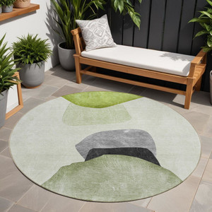 8' Round Green Black and Gray Round Abstract Washable Non Skid Indoor Outdoor Area Rug N270-562196