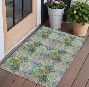2' X 3' Blue and Green Floral Medallion Washable Non Skid Indoor Outdoor Area Rug N270-562953